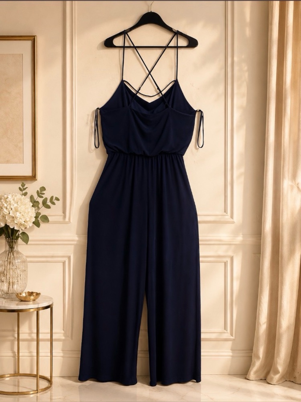 Bisou Bisou Navy Blue Wide Leg Jumpsuit Vacation Size 10